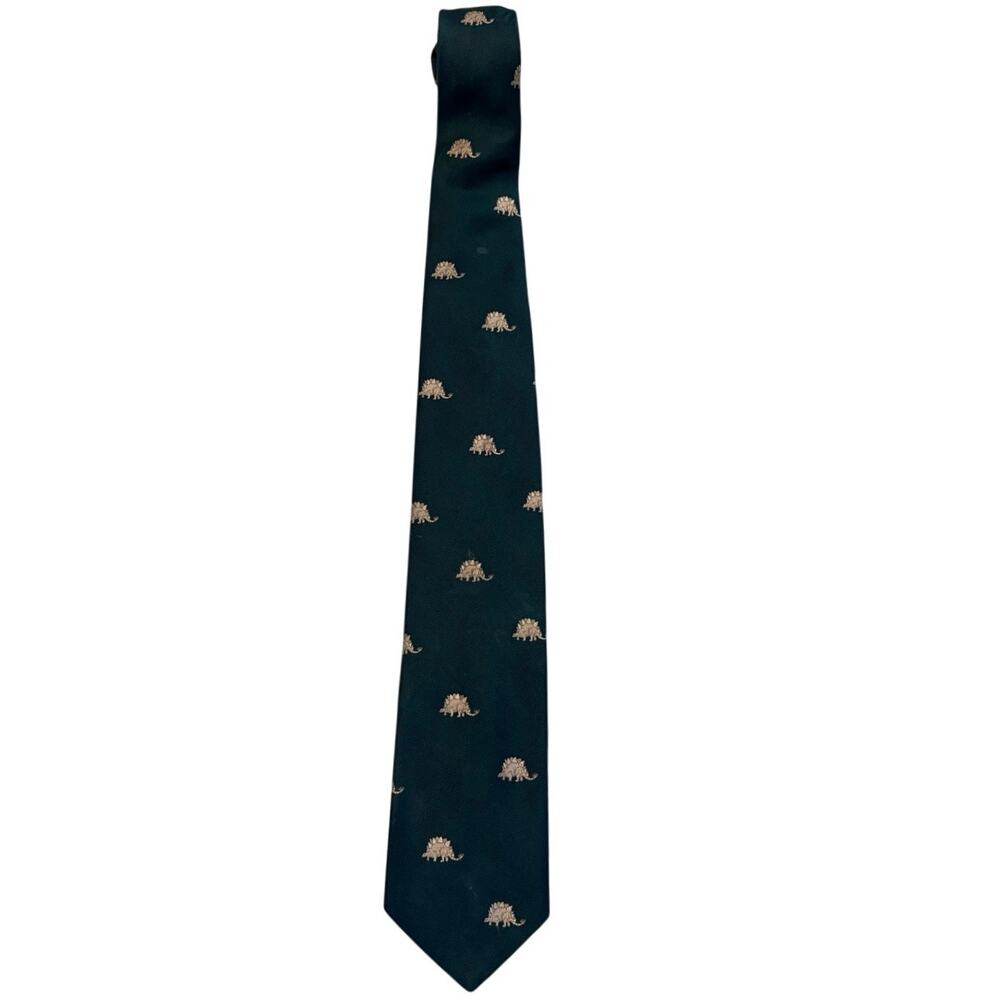 Vintage Smithsonian Institution Neck Tie Green Stegosaurus Silk Blend 55.5”x3”
